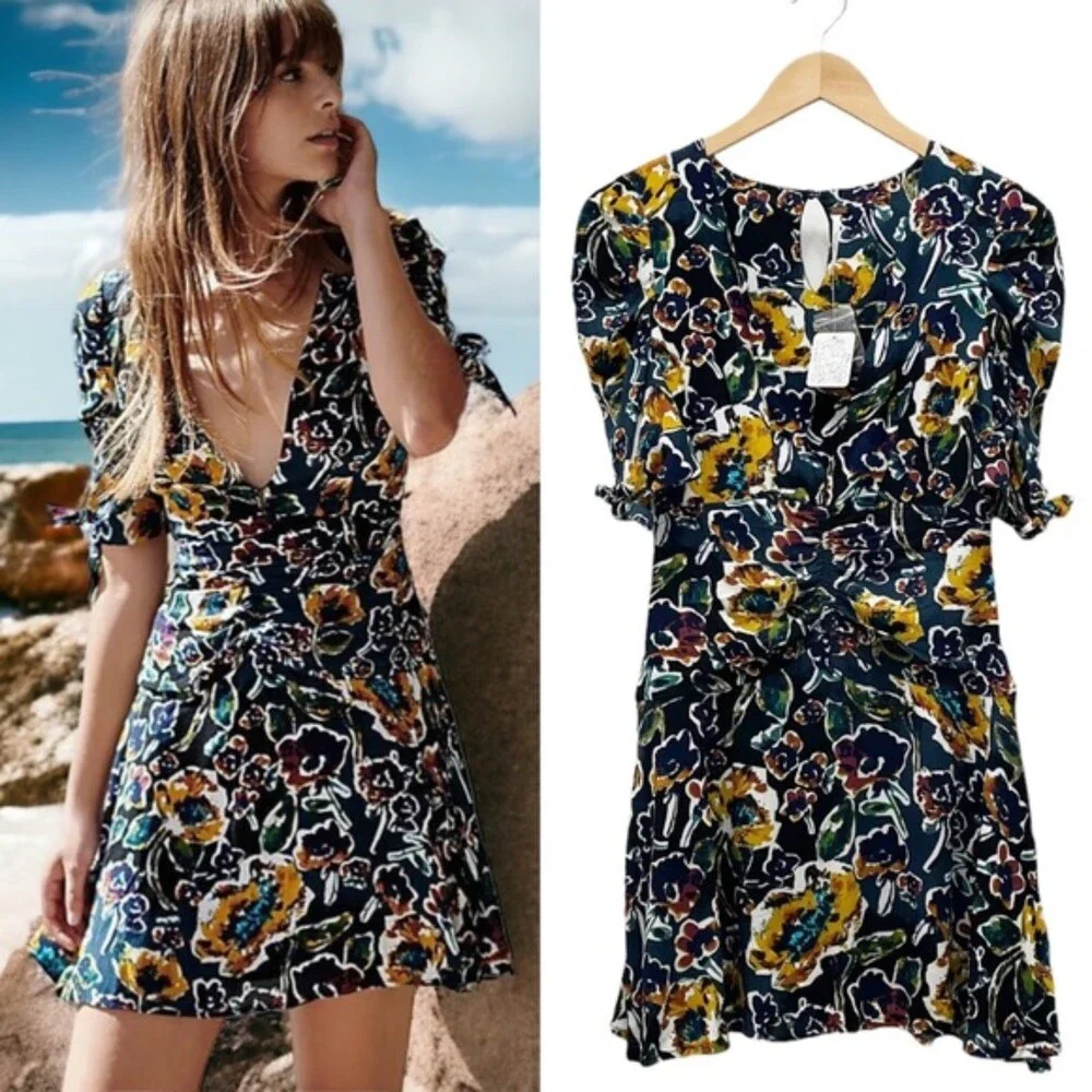 NWT Free People Glow Up Short Sleeve Mini Dress Navy Combo Floral Women’s Size 0